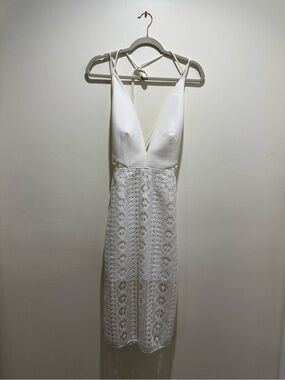 Finders Size L White Lace Plunge Neck Open Back Midi Dress NWT
